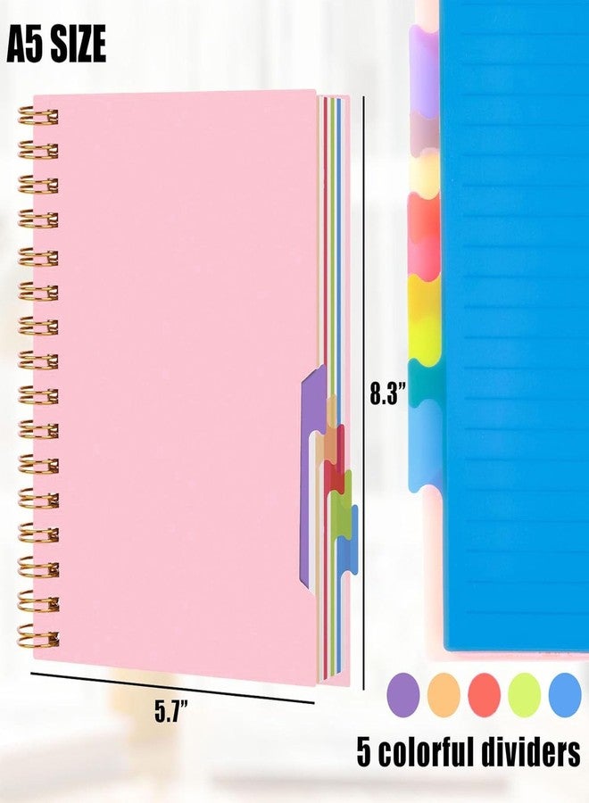Koogel Spiral Notebook with Tabs, 5 Subject Spiral Notebook College Ruled with Removable Dividers, 200Pages Lined Journals for Women Journals Note Taking Work School Gifts, 5.7x8.3Inch, Pink - Image 2